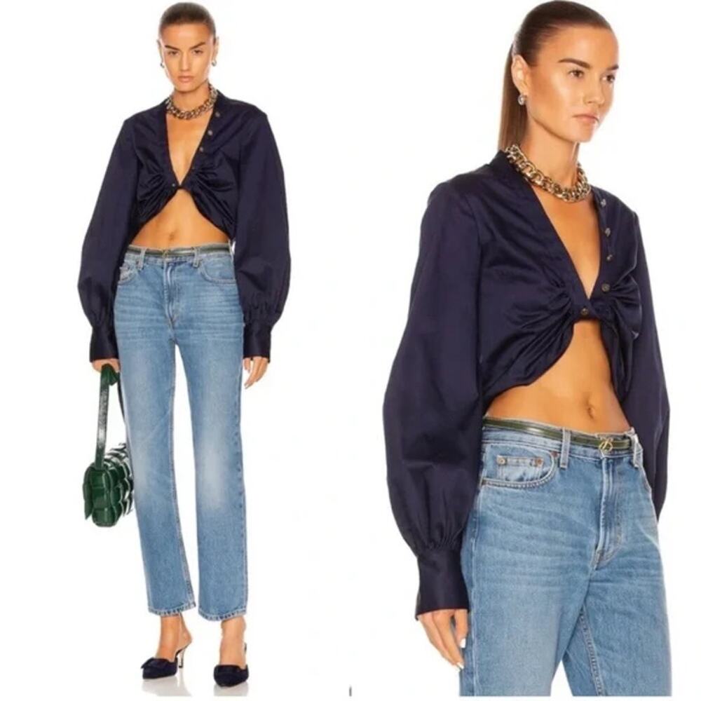 Auteur Harri Blue Long Balloon Sleeve Ruched Button Down Shirt Crop Top Size S